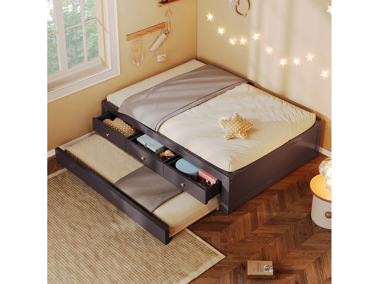 Double bed 90x200 cm - With trundle bed 90x190 cm and 3 drawers - Slatted bed base - MDF+Pine - Brown (without mattress)