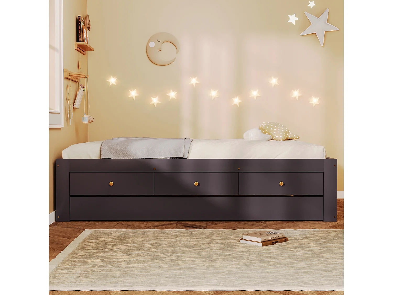 Double bed 90x200 cm - With trundle bed 90x190 cm and 3 drawers - Slatted bed base - MDF+Pine - Brown (without mattress)