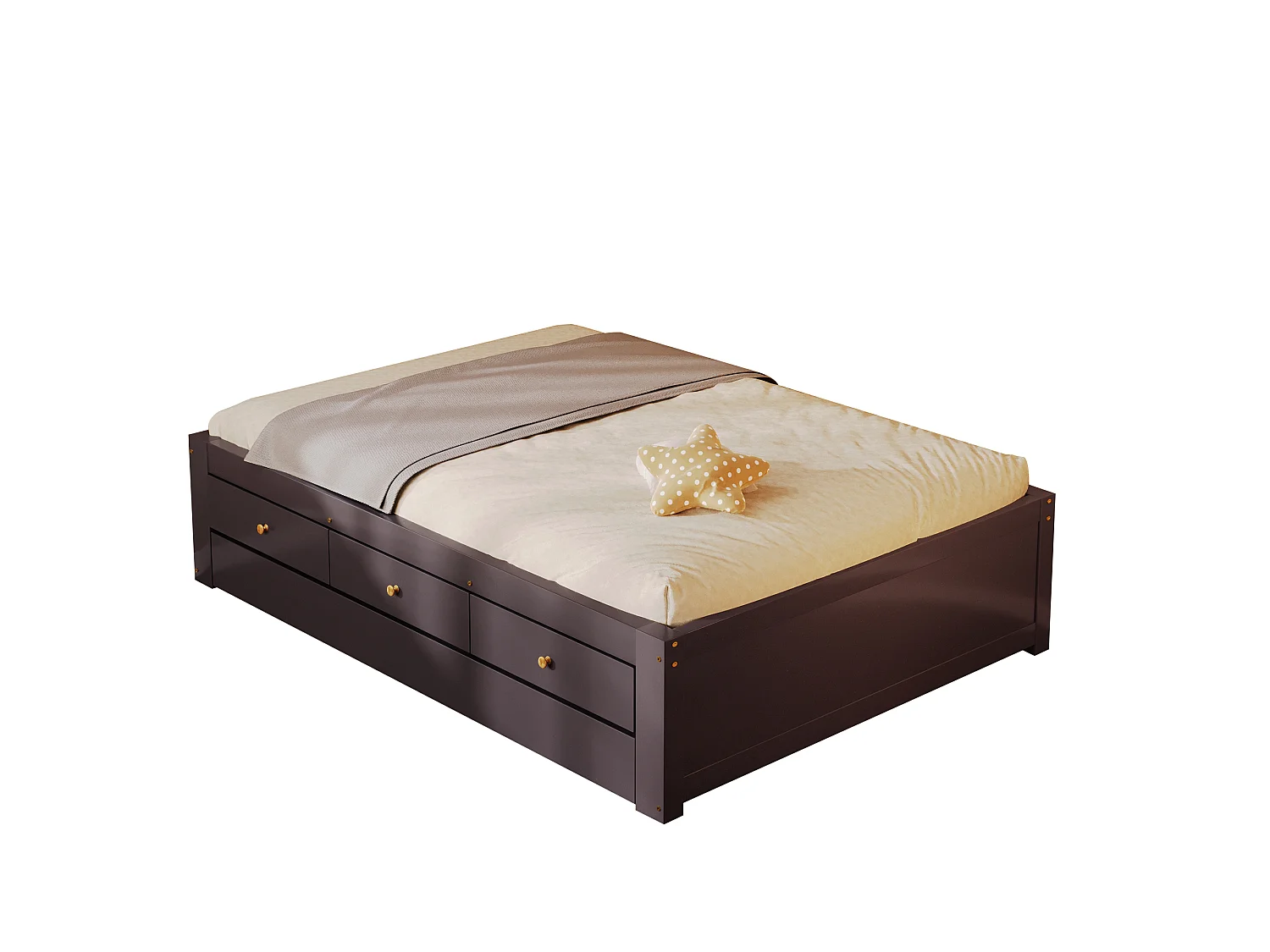 Double bed 90x200 cm - With trundle bed 90x190 cm and 3 drawers - Slatted bed base - MDF+Pine - Brown (without mattress)