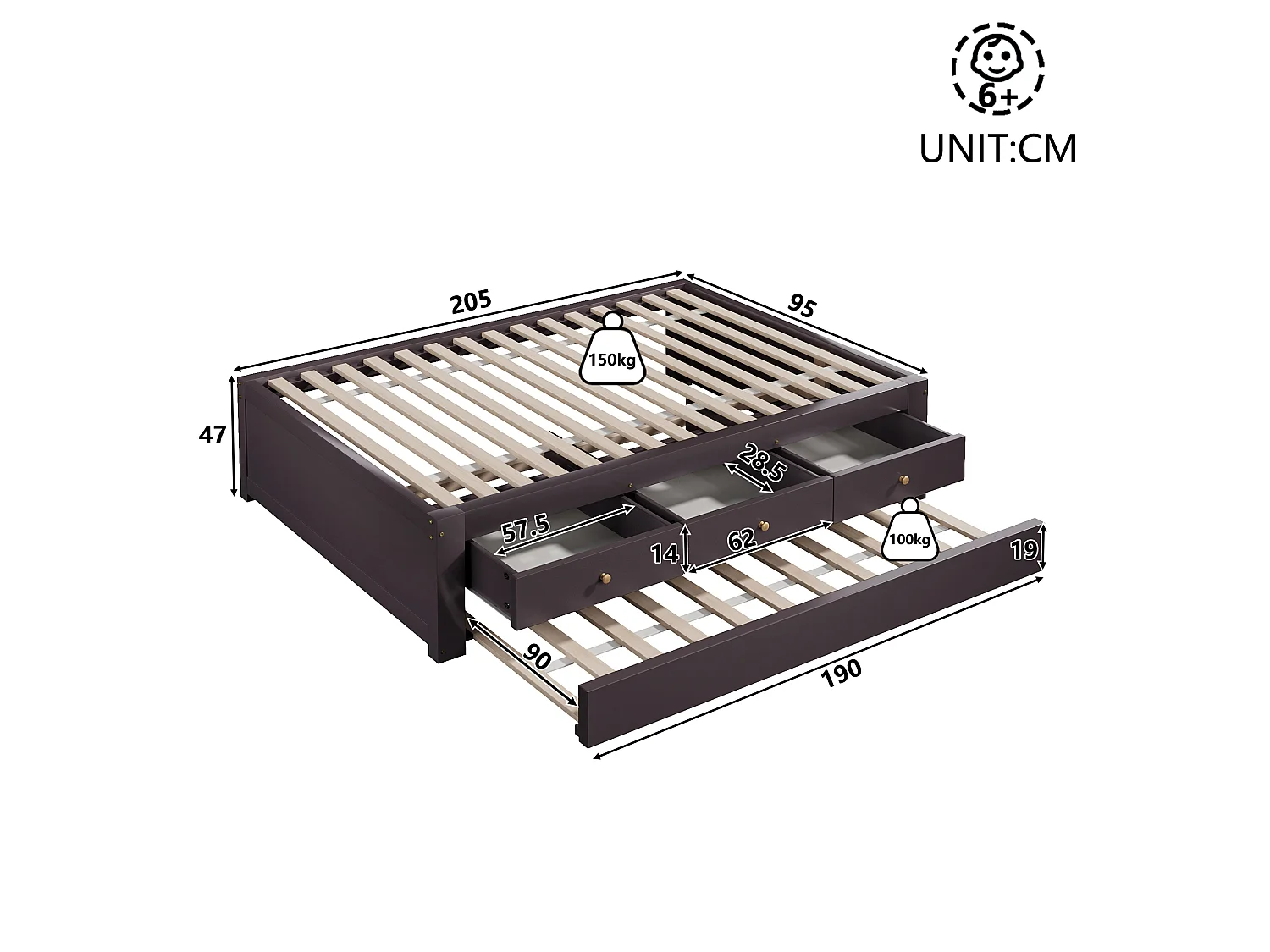 Double bed 90x200 cm - With trundle bed 90x190 cm and 3 drawers - Slatted bed base - MDF+Pine - Brown (without mattress)