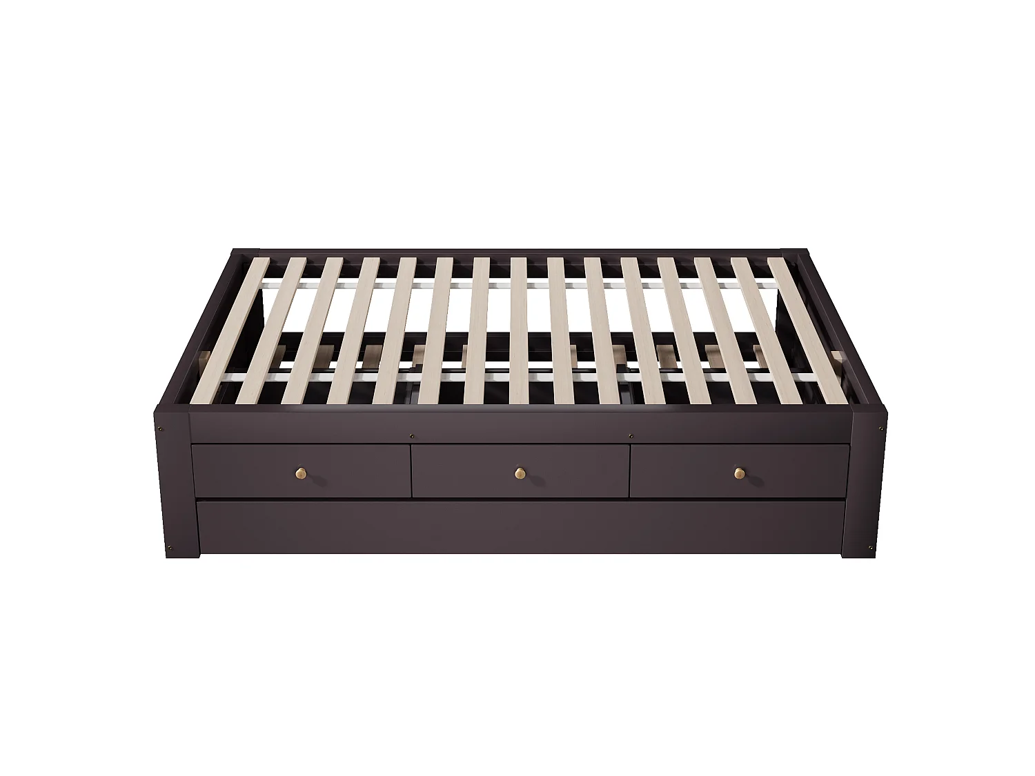 Double bed 90x200 cm - With trundle bed 90x190 cm and 3 drawers - Slatted bed base - MDF+Pine - Brown (without mattress)