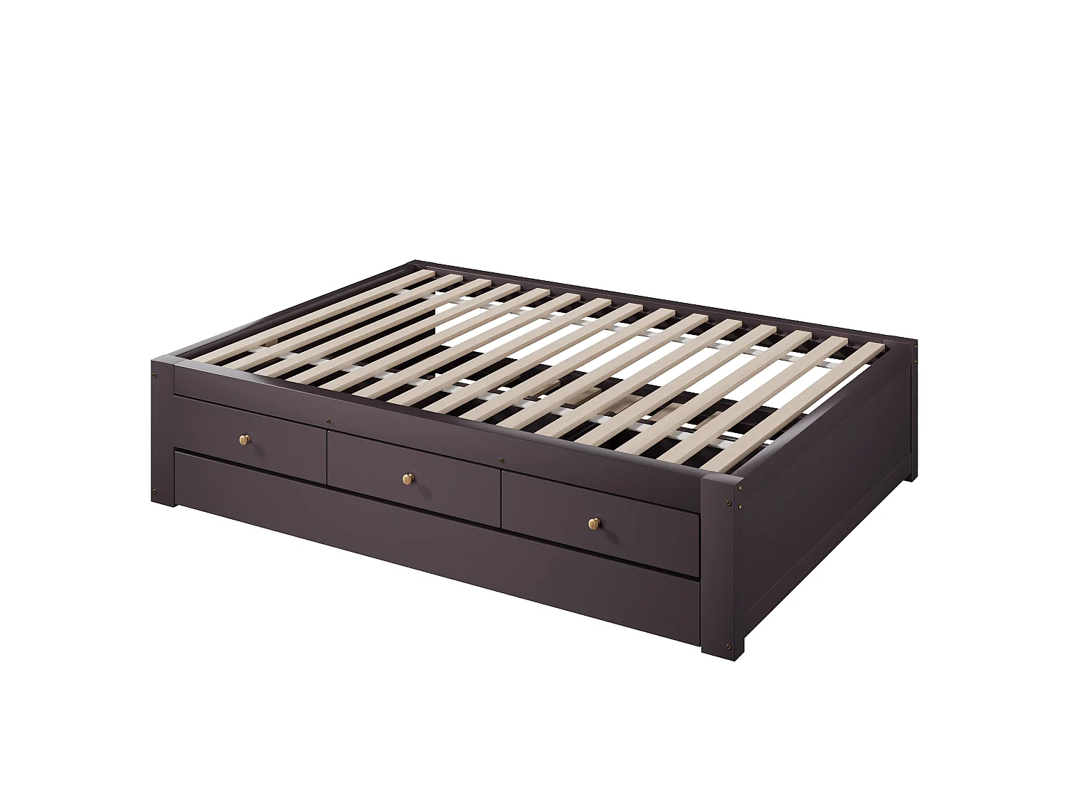 Double bed 90x200 cm - With trundle bed 90x190 cm and 3 drawers - Slatted bed base - MDF+Pine - Brown (without mattress)