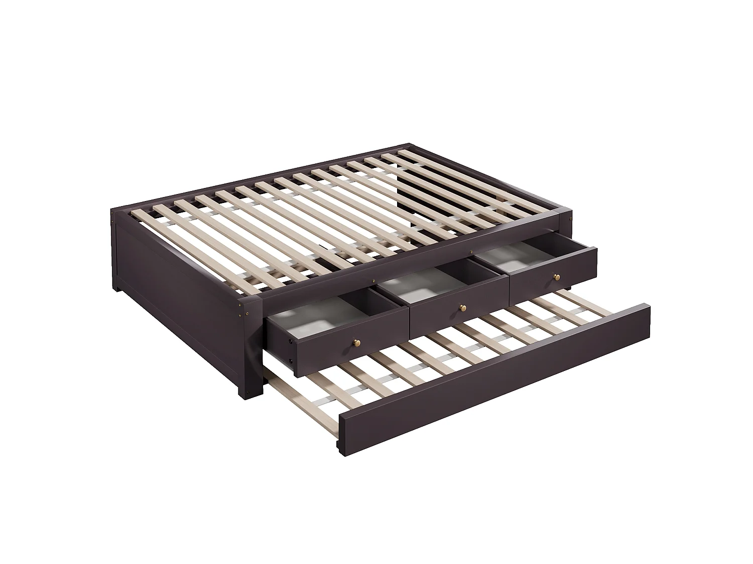 Double bed 90x200 cm - With trundle bed 90x190 cm and 3 drawers - Slatted bed base - MDF+Pine - Brown (without mattress)