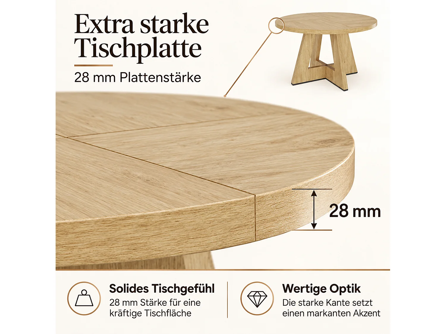 Runder Esstisch für 4 bis 6 Personen, skandinavischer Stil, Tischplatte in Holzoptik – MDF – 120 x 120 x 75 cm – Eiche
