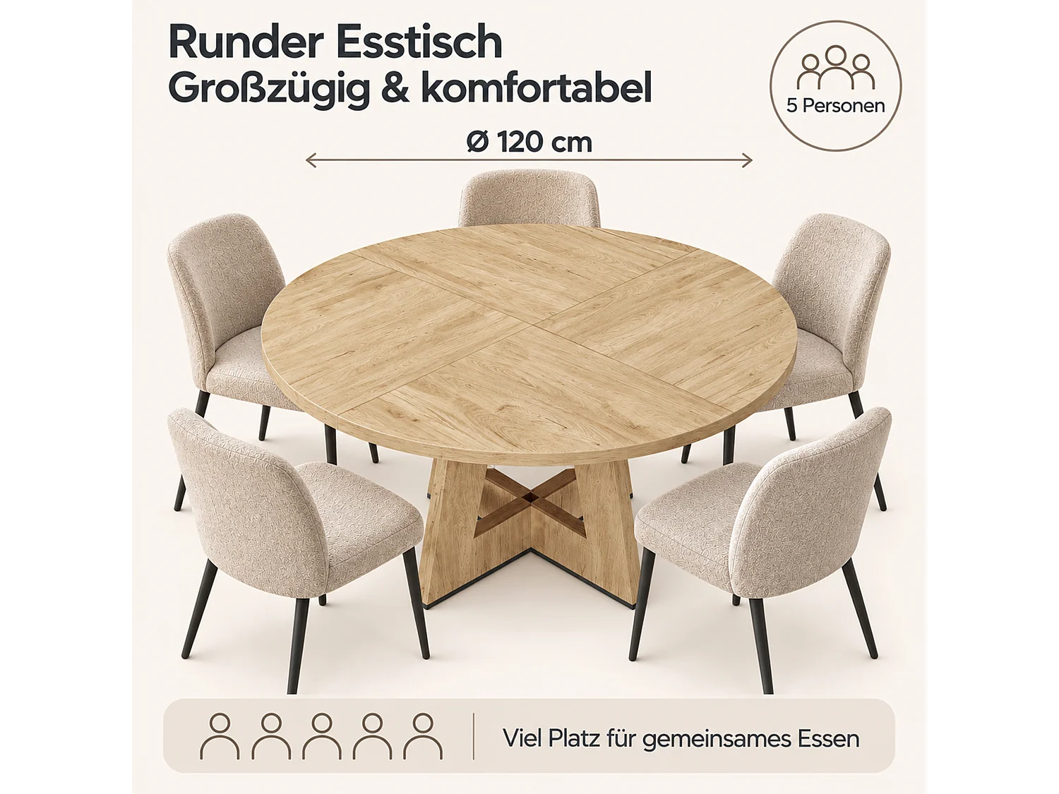 Runder Esstisch für 4 bis 6 Personen, skandinavischer Stil, Tischplatte in Holzoptik – MDF – 120 x 120 x 75 cm – Eiche