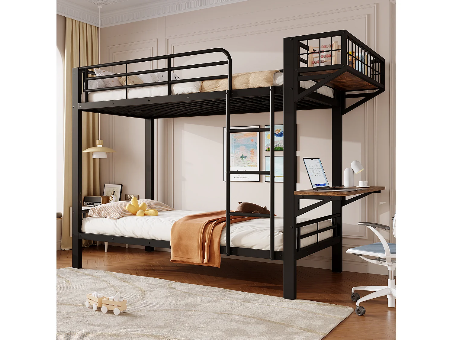 Stapelbed 90 x 200 cm met geïntegreerd bureau, omkeerbaar schap en veiligheidsrails – Metaal en MDF – Zwart (Matras niet inbegrepen)