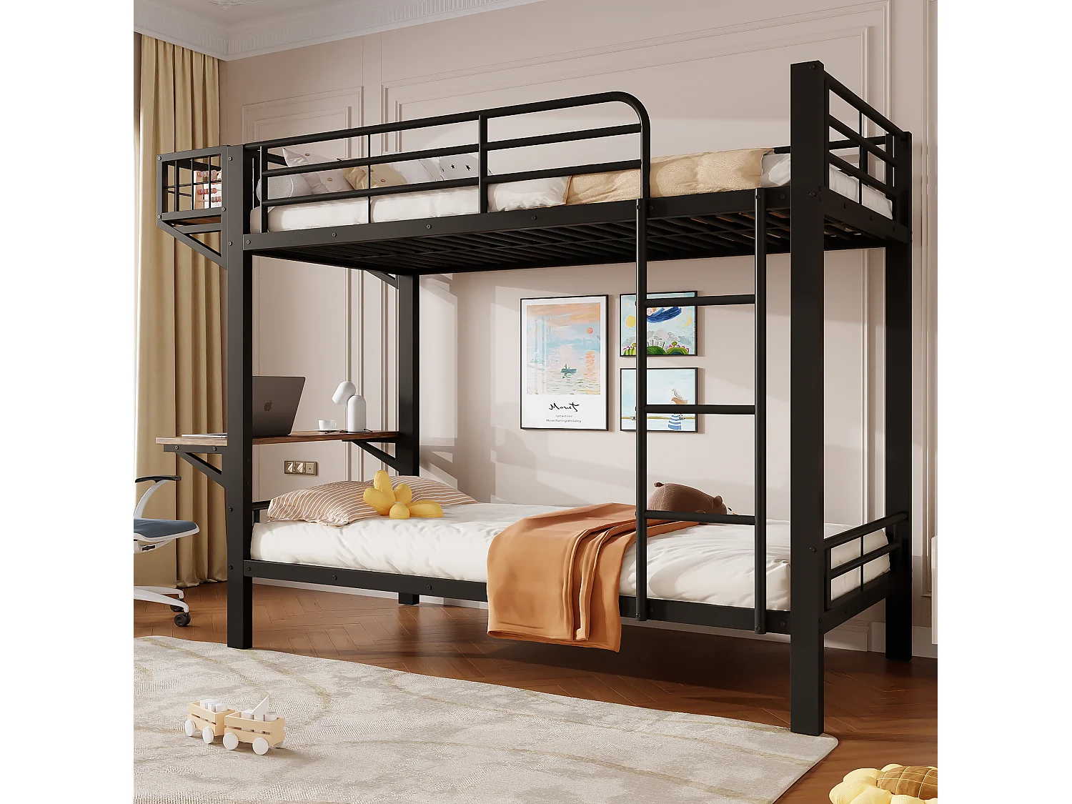 Stapelbed 90 x 200 cm met geïntegreerd bureau, omkeerbaar schap en veiligheidsrails – Metaal en MDF – Zwart (Matras niet inbegrepen)