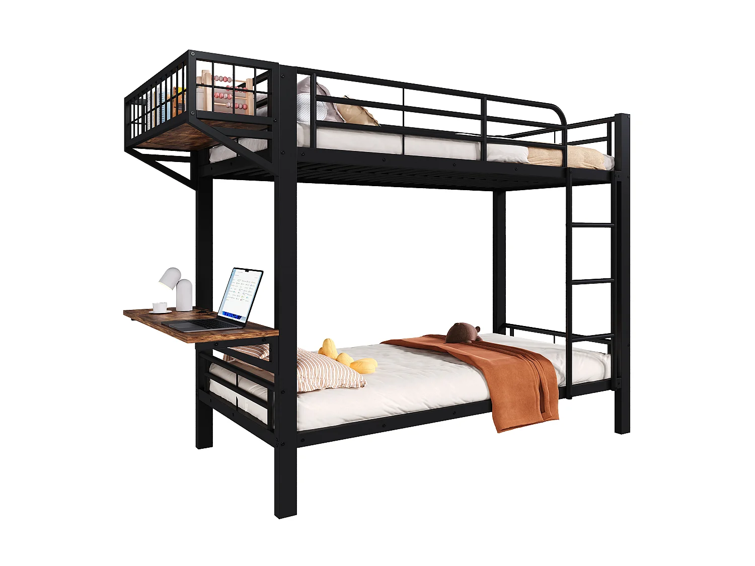 Stapelbed 90 x 200 cm met geïntegreerd bureau, omkeerbaar schap en veiligheidsrails – Metaal en MDF – Zwart (Matras niet inbegrepen)
