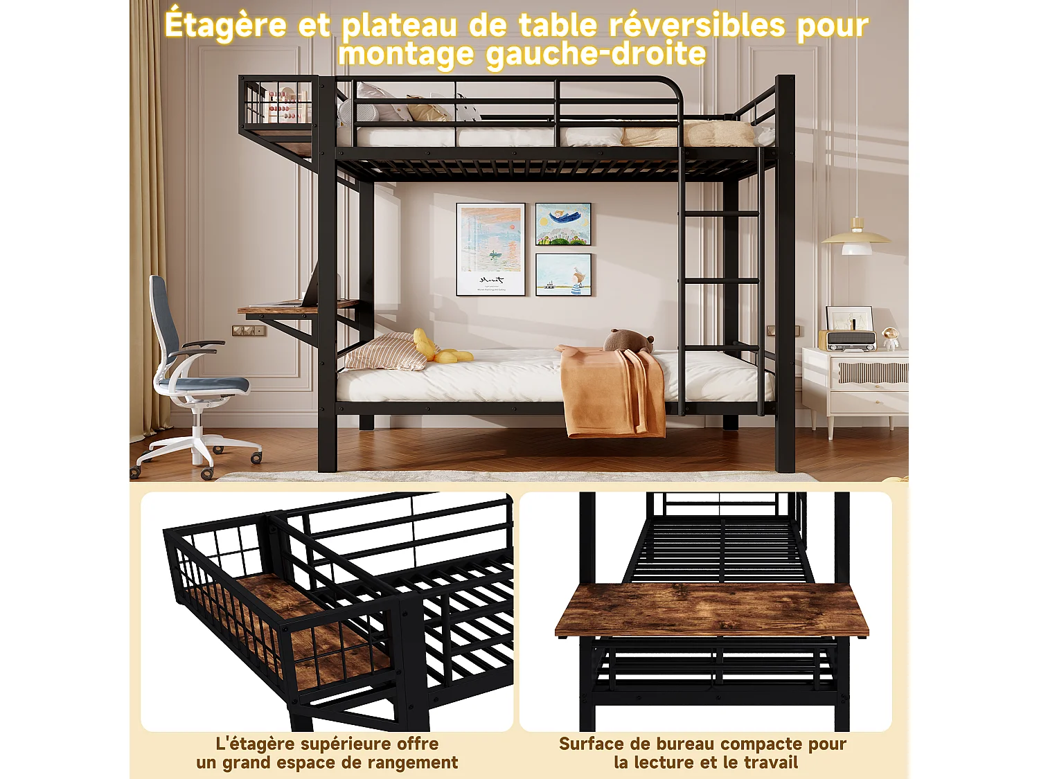 Stapelbed 90 x 200 cm met geïntegreerd bureau, omkeerbaar schap en veiligheidsrails – Metaal en MDF – Zwart (Matras niet inbegrepen)
