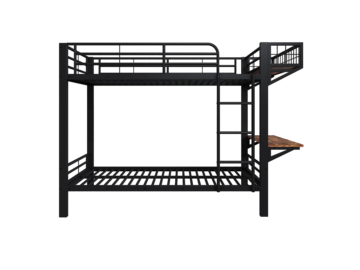 Stapelbed 90 x 200 cm met geïntegreerd bureau, omkeerbaar schap en veiligheidsrails – Metaal en MDF – Zwart (Matras niet inbegrepen)