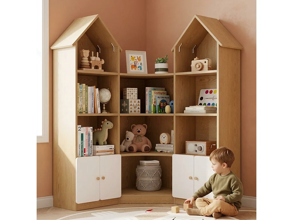 Meuble de rangement / Meuble à étagères pour enfants - forme de maison - avec 4 portes - compartiment de rangement ouvert - ​​Naturel+Blanc