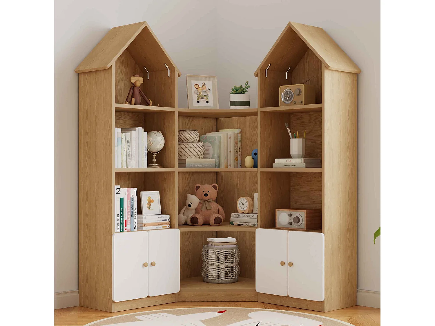 Meuble de rangement / Meuble à étagères pour enfants - forme de maison - avec 4 portes - compartiment de rangement ouvert - ​​Naturel+Blanc