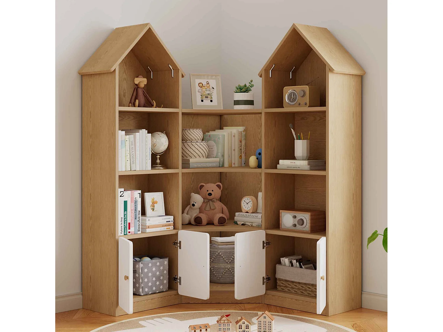 Meuble de rangement / Meuble à étagères pour enfants - forme de maison - avec 4 portes - compartiment de rangement ouvert - ​​Naturel+Blanc