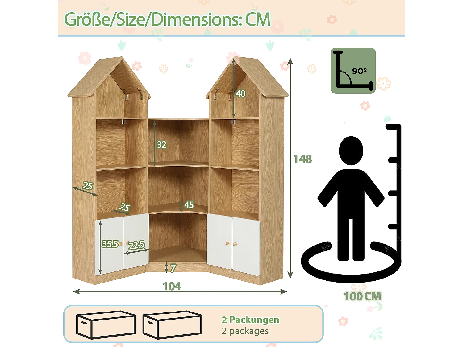 Meuble de rangement / Meuble à étagères pour enfants - forme de maison - avec 4 portes - compartiment de rangement ouvert - ​​Naturel+Blanc