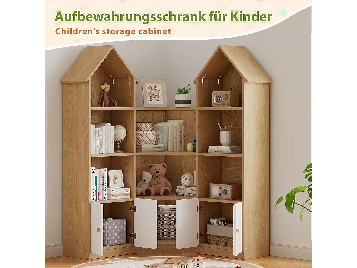 Meuble de rangement / Meuble à étagères pour enfants - forme de maison - avec 4 portes - compartiment de rangement ouvert - ​​Naturel+Blanc