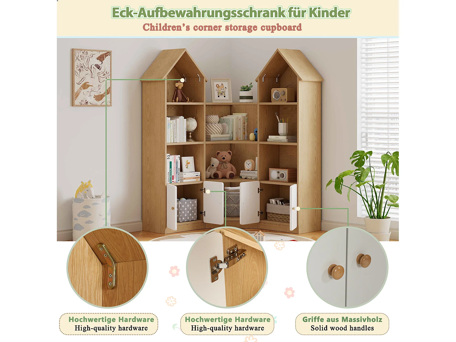 Storage cabinet / Children's shelving unit - house shape - with 4 doors - open storage compartment - Natural+White