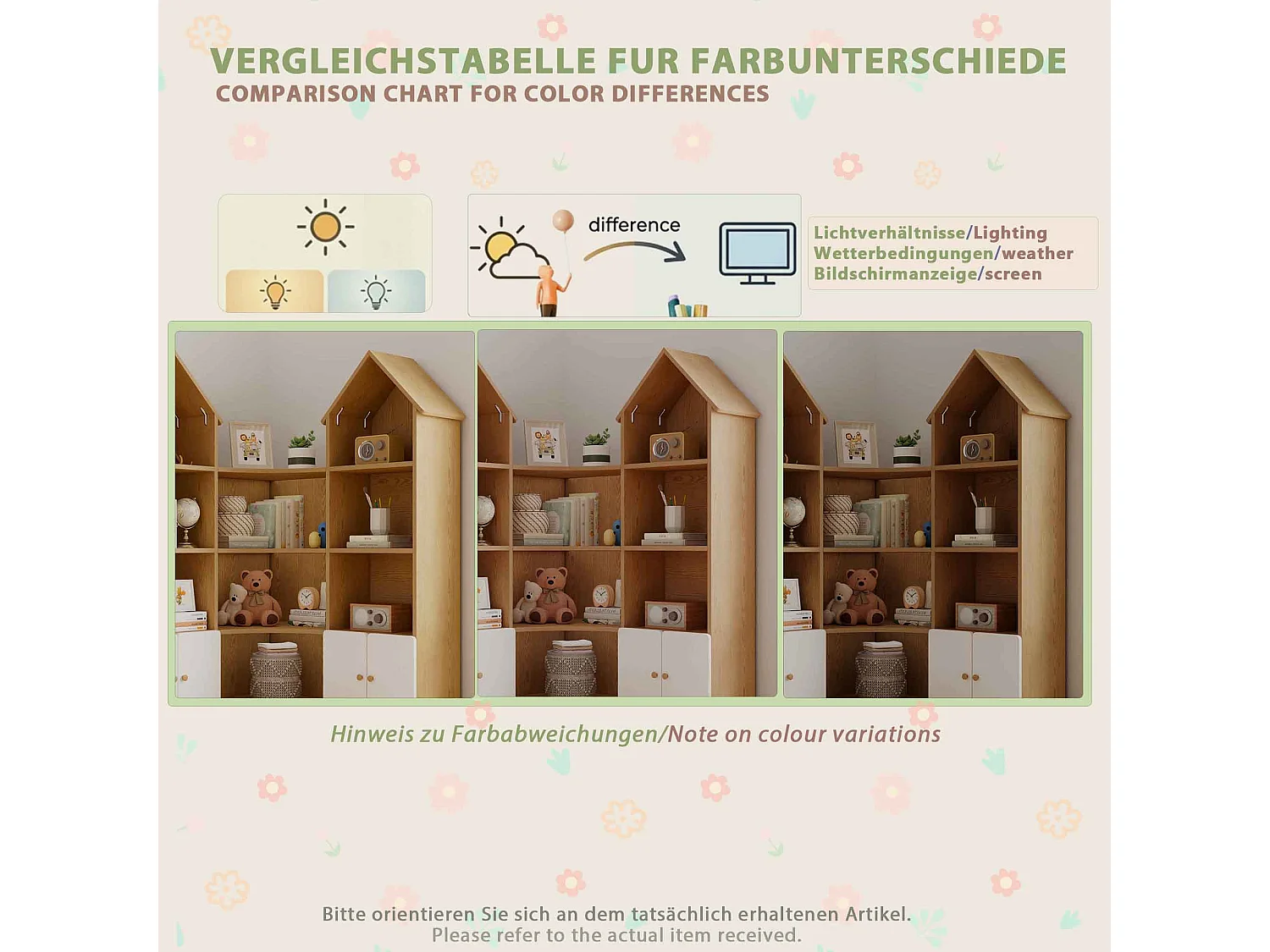 Meuble de rangement / Meuble à étagères pour enfants - forme de maison - avec 4 portes - compartiment de rangement ouvert - ​​Naturel+Blanc