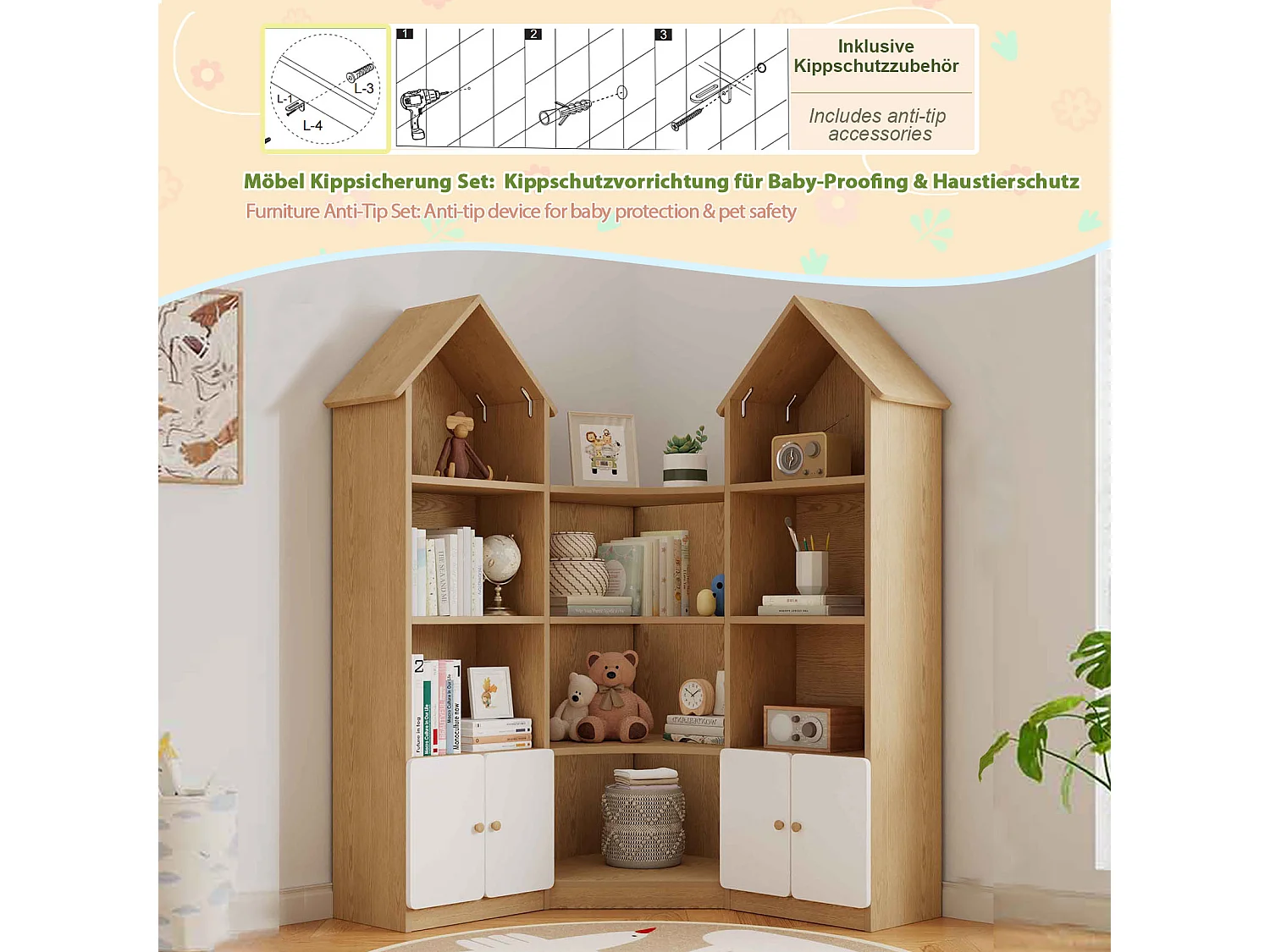 Meuble de rangement / Meuble à étagères pour enfants - forme de maison - avec 4 portes - compartiment de rangement ouvert - ​​Naturel+Blanc