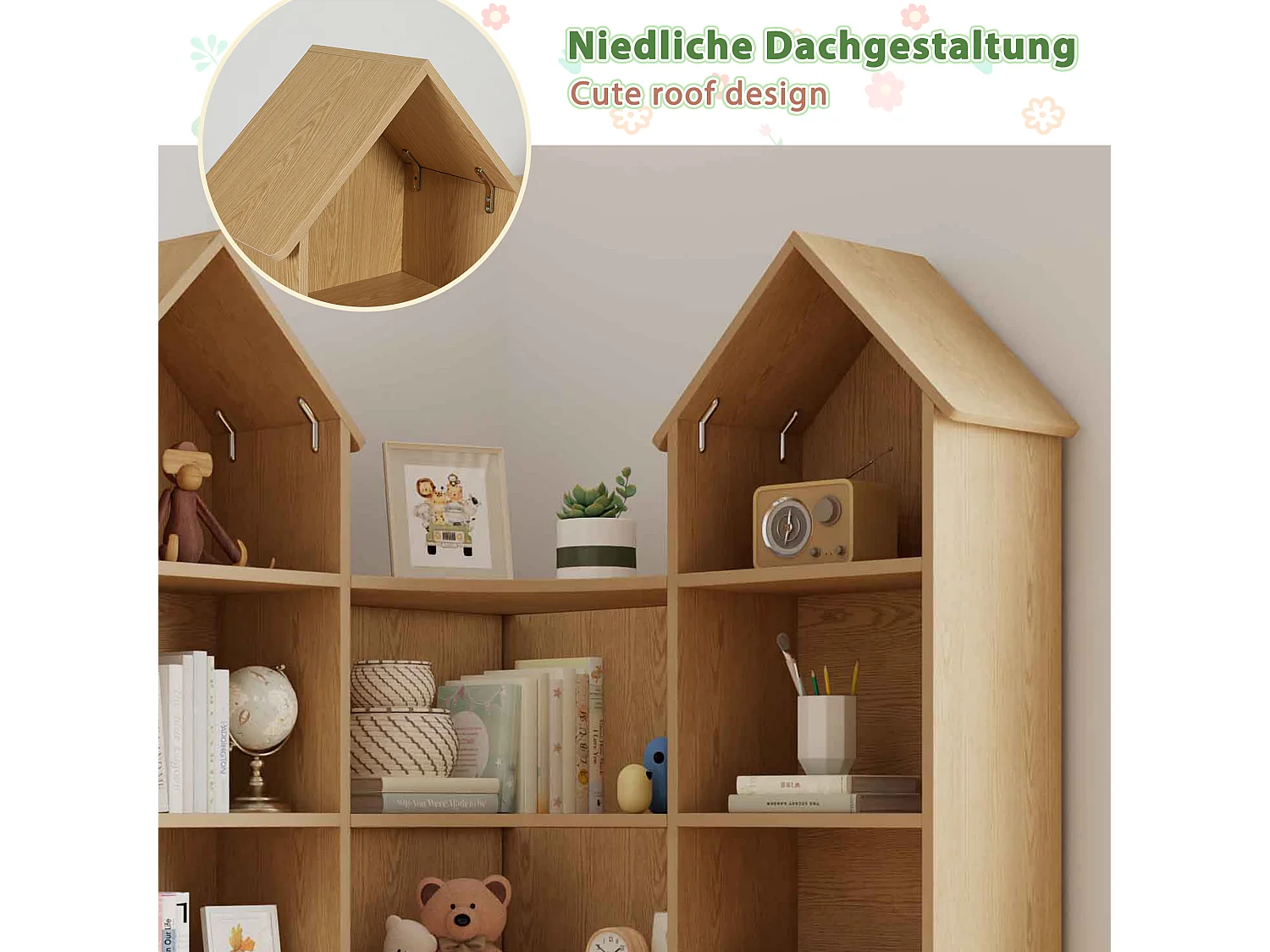Meuble de rangement / Meuble à étagères pour enfants - forme de maison - avec 4 portes - compartiment de rangement ouvert - ​​Naturel+Blanc