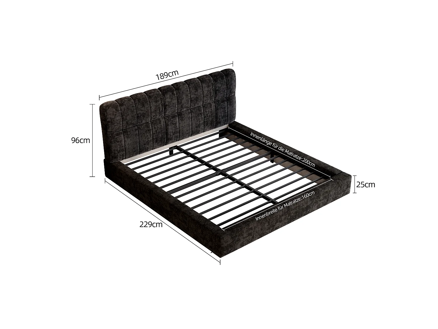 Lit rembourré 160 × 200 cm avec sommier à lattes métallique,lit double rembourré avec revêtement en velours et rembourrage en mousse,cadre de lit noir, sans matelas