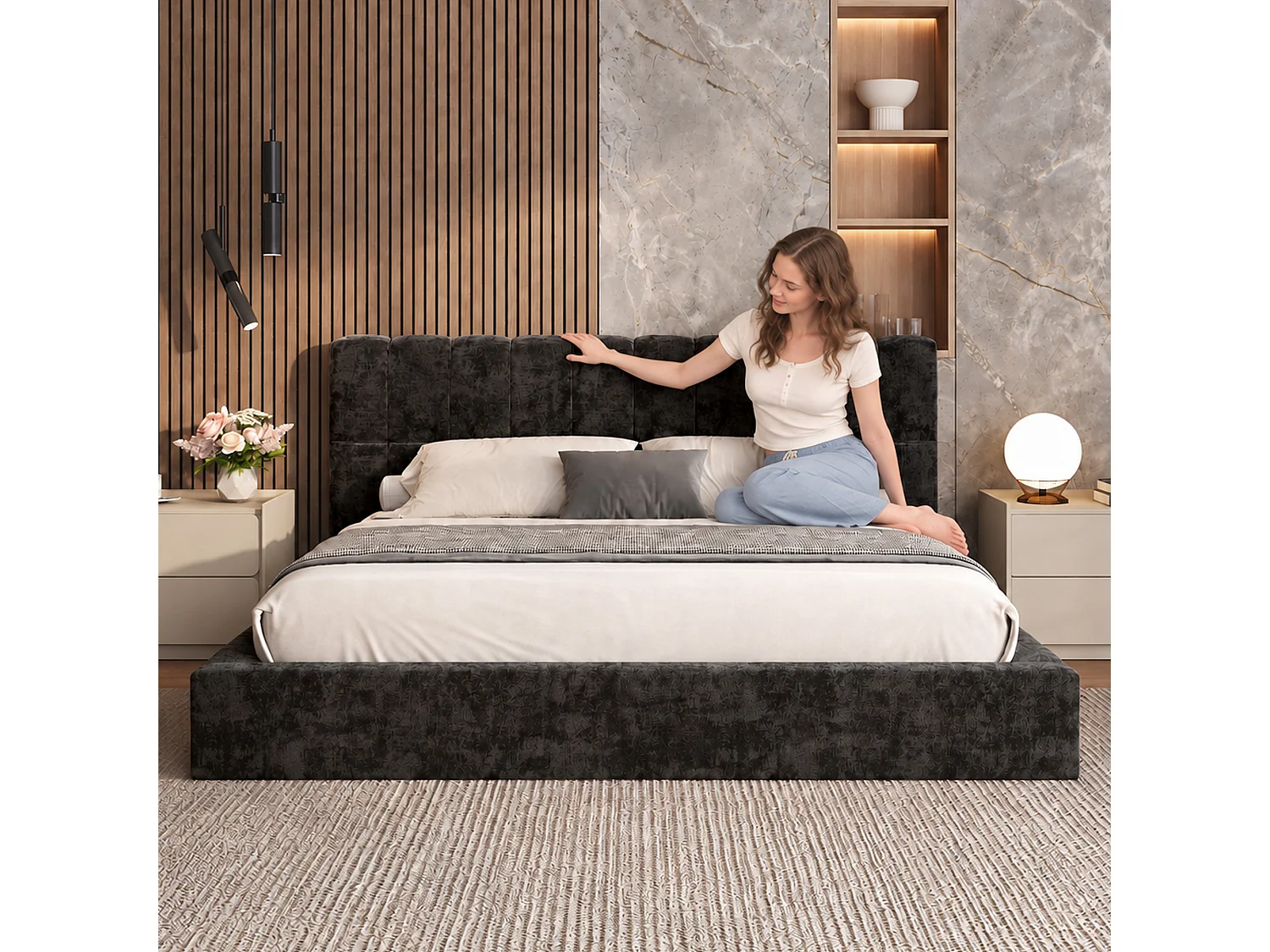 Lit rembourré 160 × 200 cm avec sommier à lattes métallique,lit double rembourré avec revêtement en velours et rembourrage en mousse,cadre de lit noir, sans matelas