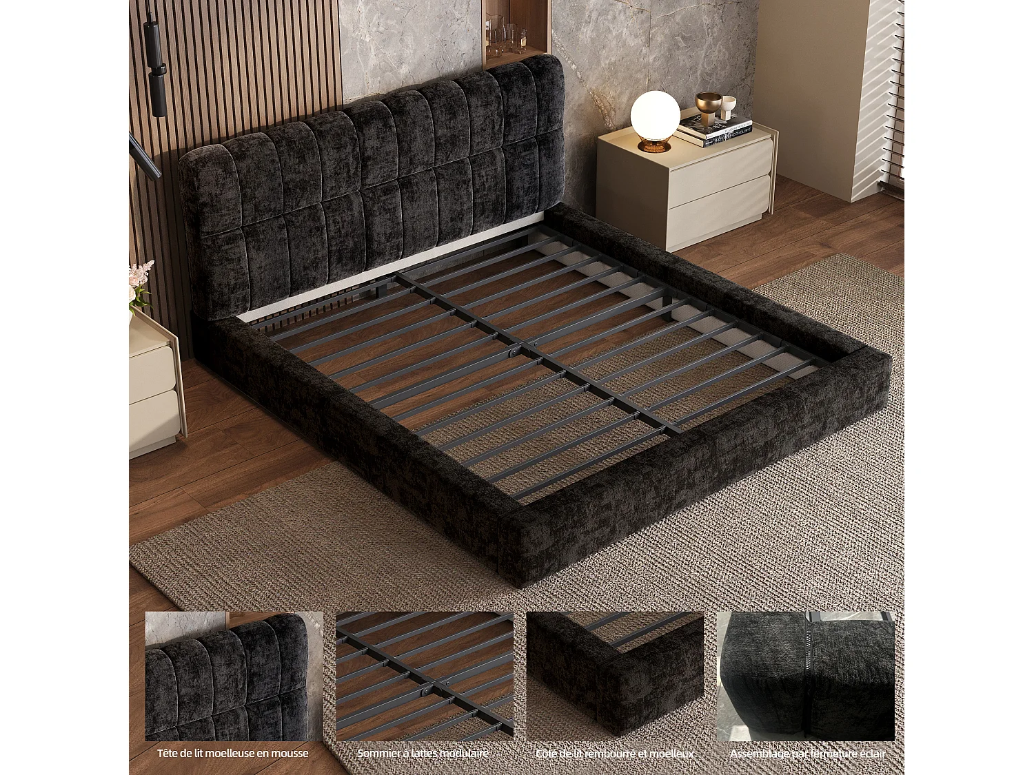 Lit rembourré 160 × 200 cm avec sommier à lattes métallique,lit double rembourré avec revêtement en velours et rembourrage en mousse,cadre de lit noir, sans matelas