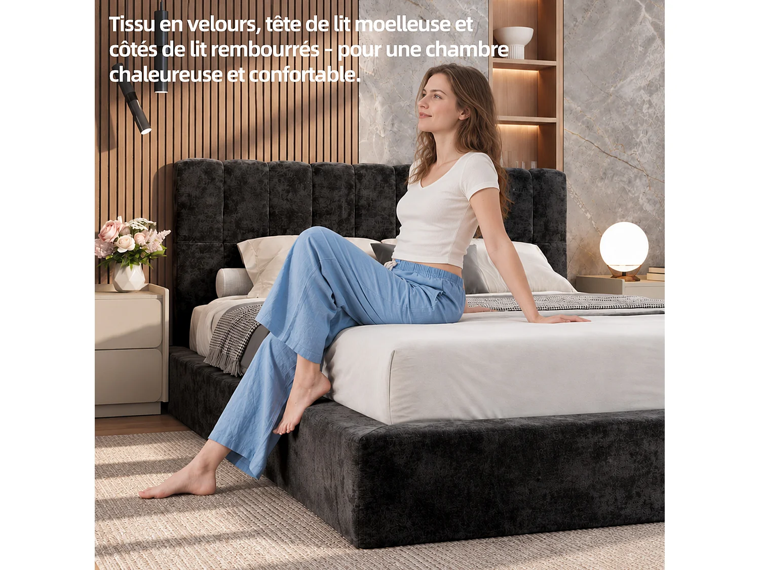Lit rembourré 160 × 200 cm avec sommier à lattes métallique,lit double rembourré avec revêtement en velours et rembourrage en mousse,cadre de lit noir, sans matelas