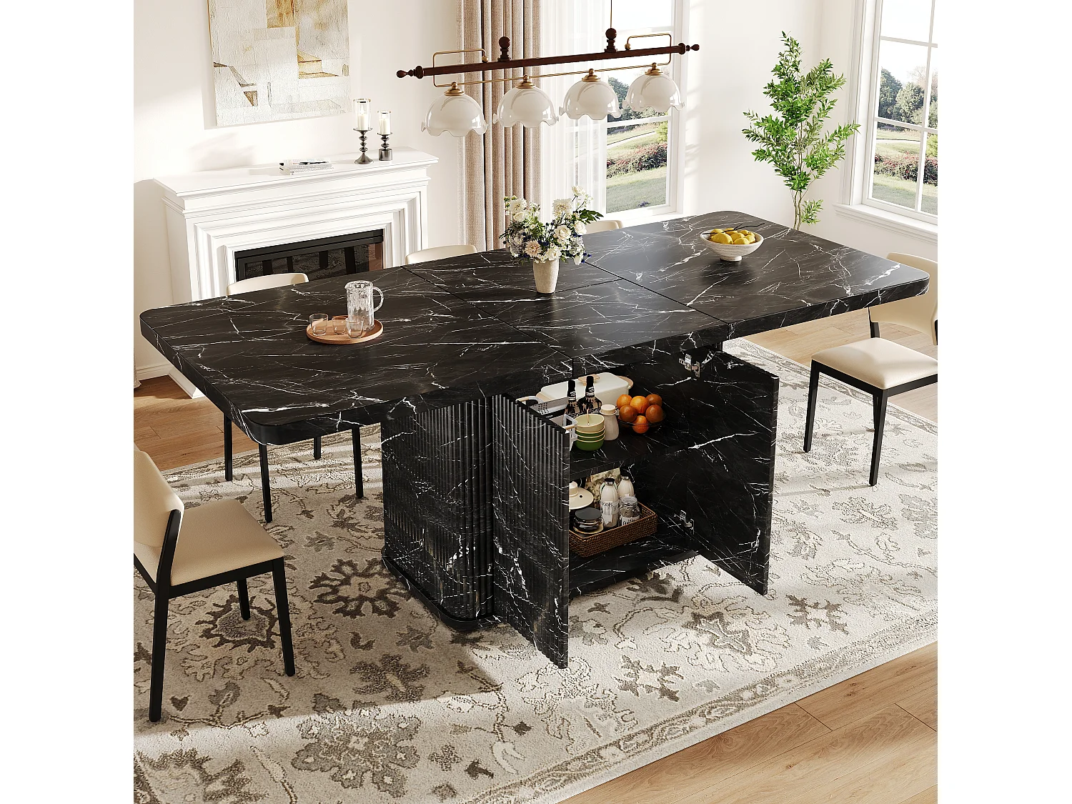 Ausziehbarer Esstisch mit Stauraum, Push-to-Open-Türen und verstellbaren Füßen – MDF und Metall – 140–180 x 80 x 76,5 cm – Schwarzer Marmor-Look