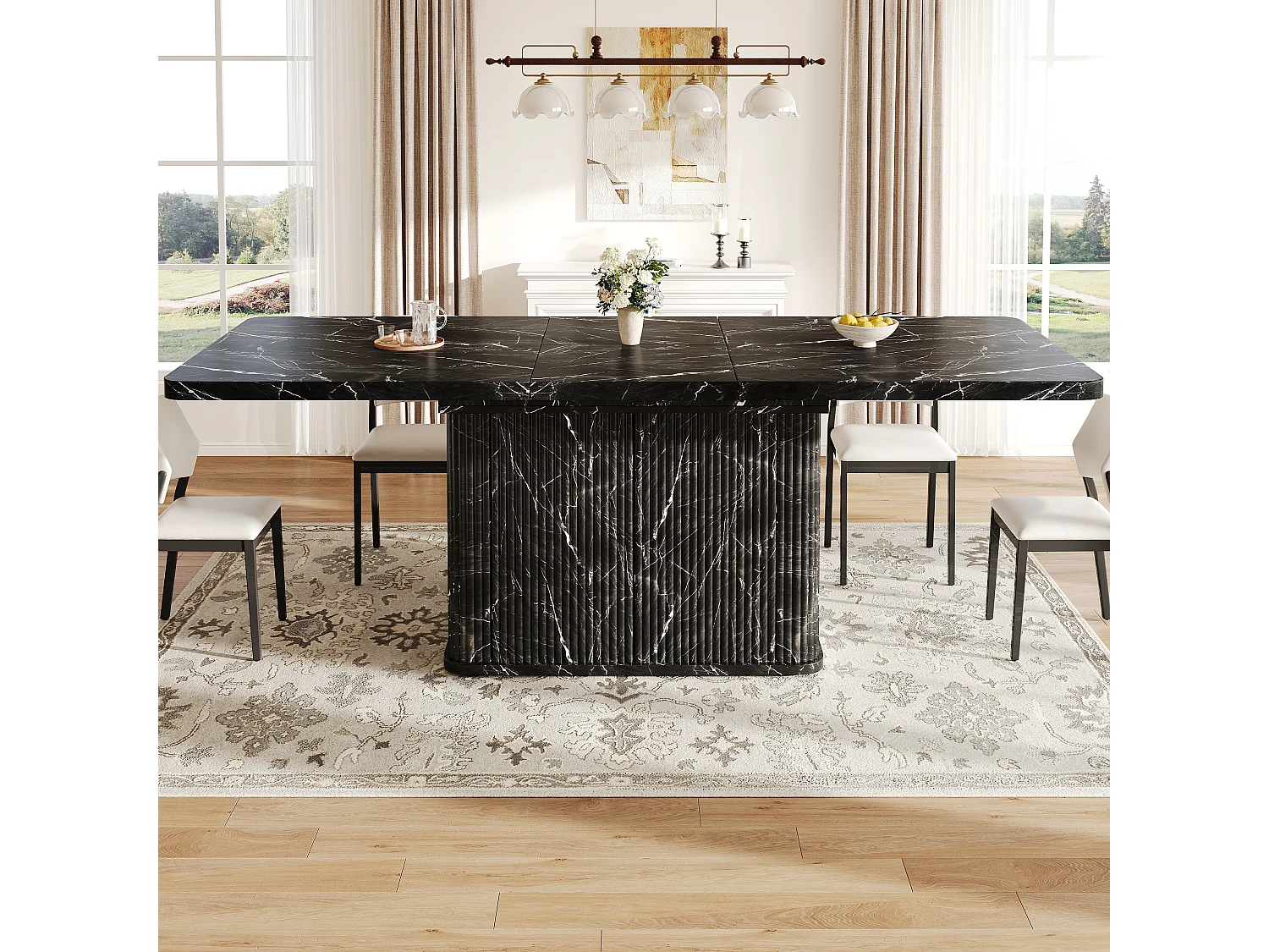 Ausziehbarer Esstisch mit Stauraum, Push-to-Open-Türen und verstellbaren Füßen – MDF und Metall – 140–180 x 80 x 76,5 cm – Schwarzer Marmor-Look