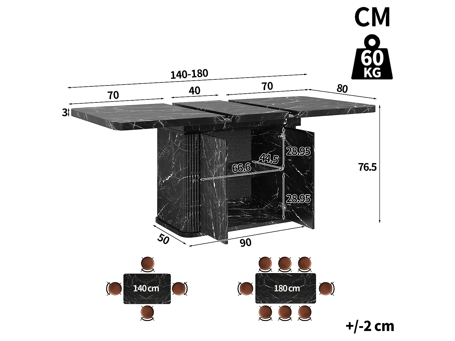 Ausziehbarer Esstisch mit Stauraum, Push-to-Open-Türen und verstellbaren Füßen – MDF und Metall – 140–180 x 80 x 76,5 cm – Schwarzer Marmor-Look