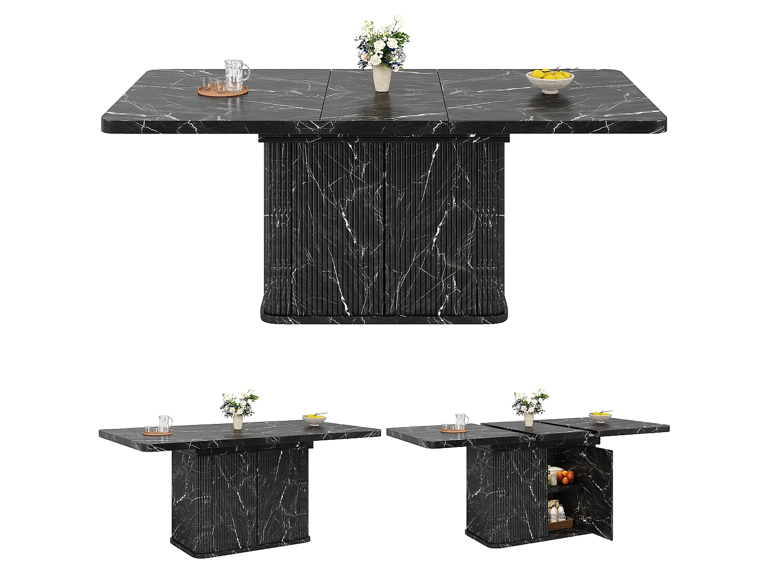 Ausziehbarer Esstisch mit Stauraum, Push-to-Open-Türen und verstellbaren Füßen – MDF und Metall – 140–180 x 80 x 76,5 cm – Schwarzer Marmor-Look