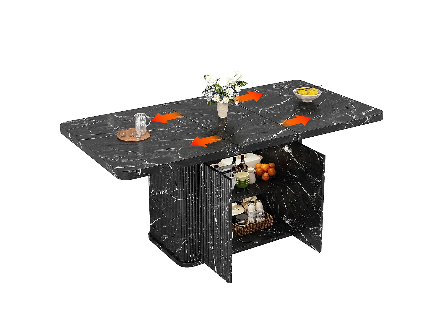 Ausziehbarer Esstisch mit Stauraum, Push-to-Open-Türen und verstellbaren Füßen – MDF und Metall – 140–180 x 80 x 76,5 cm – Schwarzer Marmor-Look