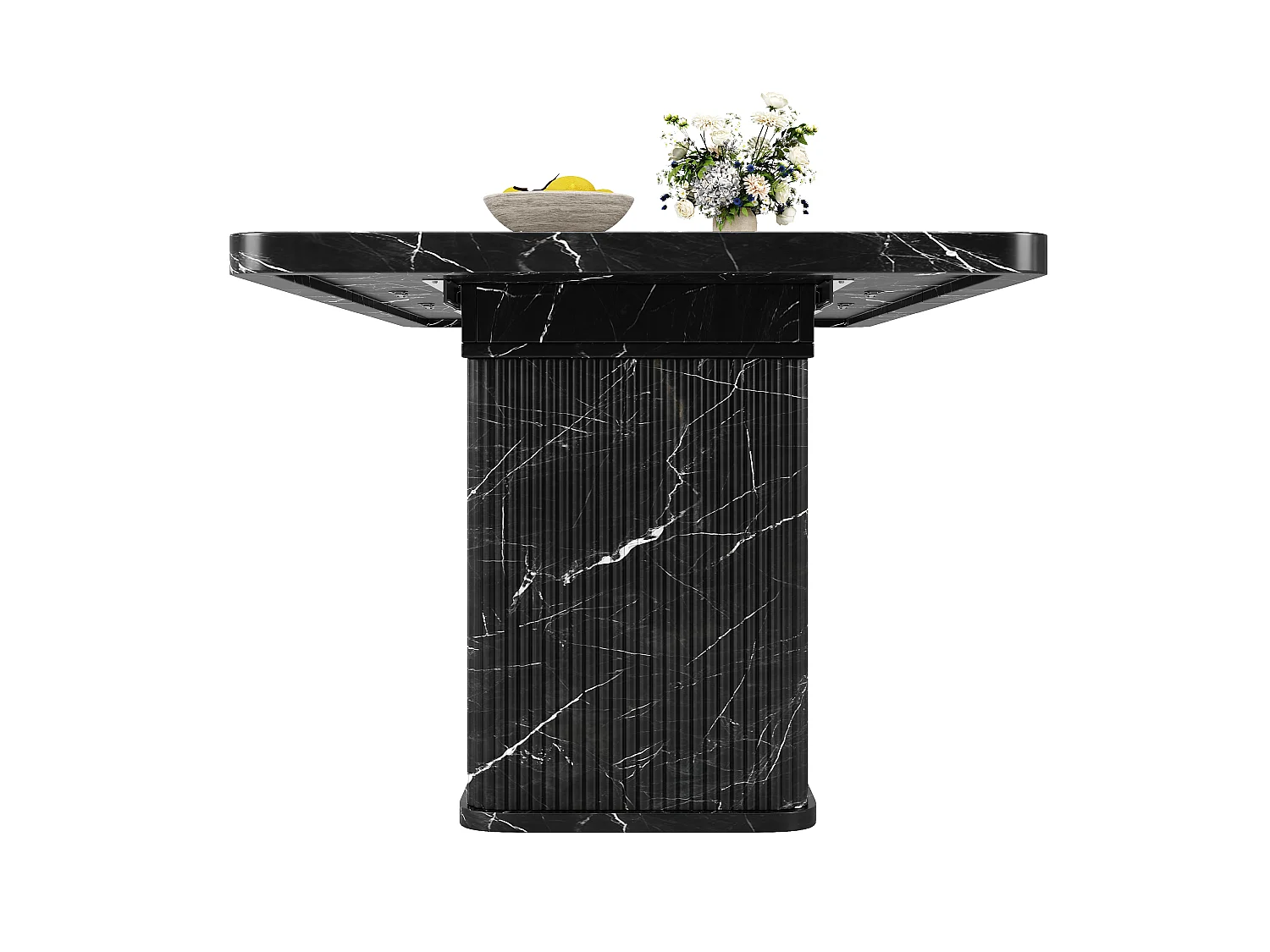 Ausziehbarer Esstisch mit Stauraum, Push-to-Open-Türen und verstellbaren Füßen – MDF und Metall – 140–180 x 80 x 76,5 cm – Schwarzer Marmor-Look