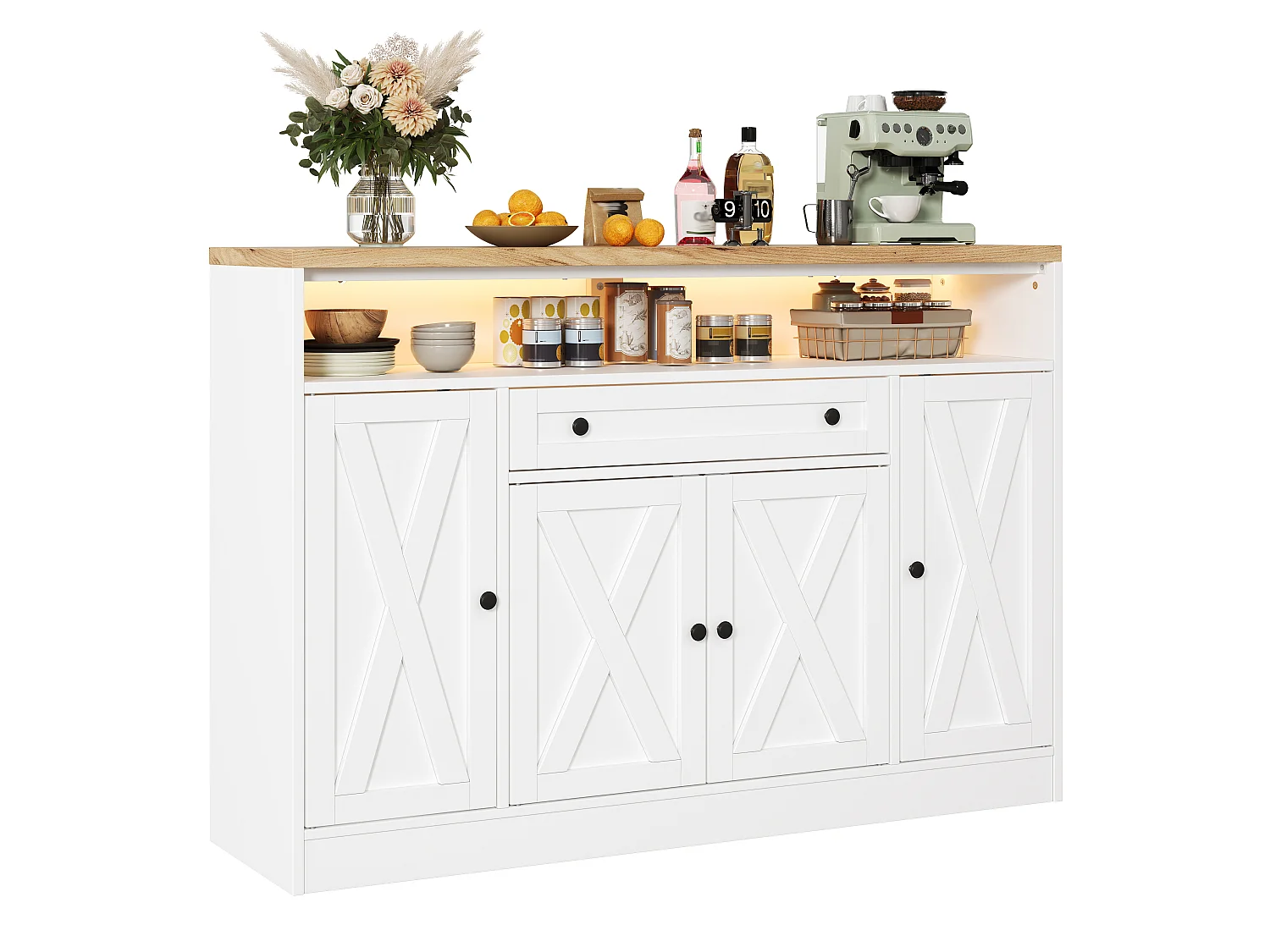 Buffet style grange 140x35x95cm - avec éclairage LED - avec 4 portes et 1 tiroir - étagères ouvertes - Blanc
