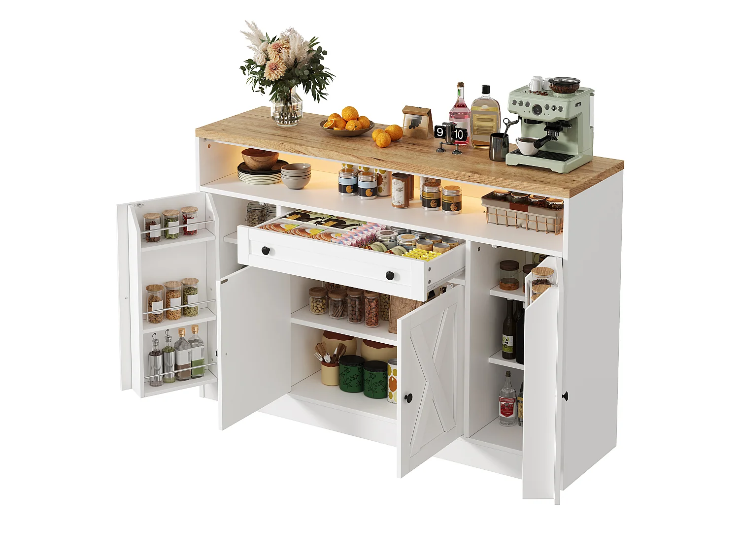 Buffet style grange 140x35x95cm - avec éclairage LED - avec 4 portes et 1 tiroir - étagères ouvertes - Blanc