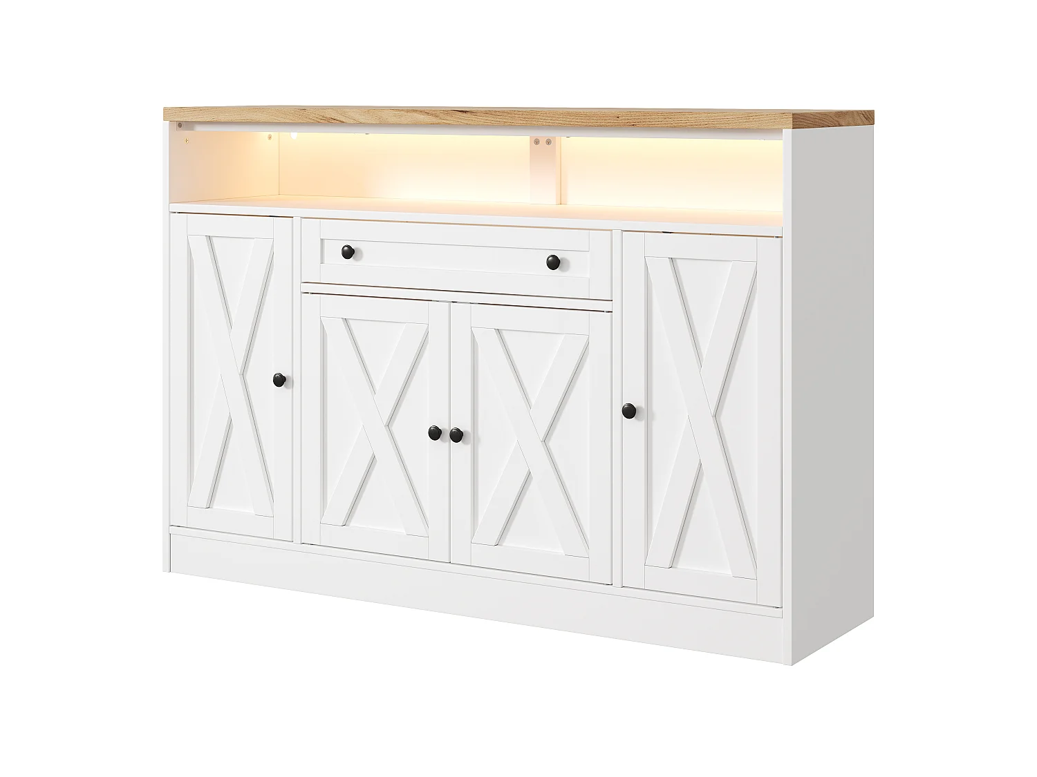 Buffet style grange 140x35x95cm - avec éclairage LED - avec 4 portes et 1 tiroir - étagères ouvertes - Blanc