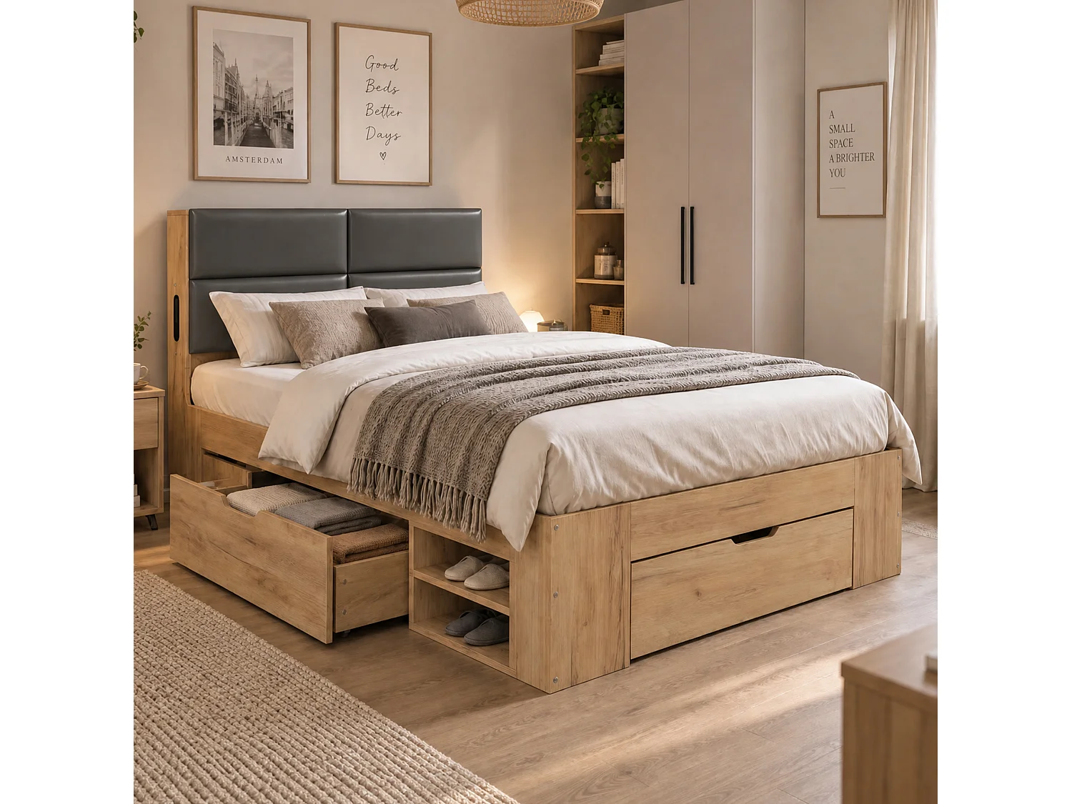 Single bed 90x200 cm with 3 drawers and open shelves - Night light and USB ports - Upholstered PU headboard - Natural (without mattress)