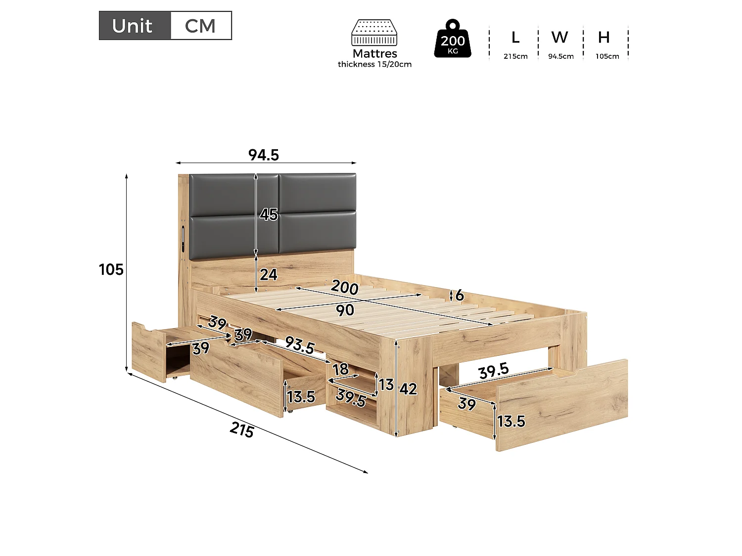 Single bed 90x200 cm with 3 drawers and open shelves - Night light and USB ports - Upholstered PU headboard - Natural (without mattress)