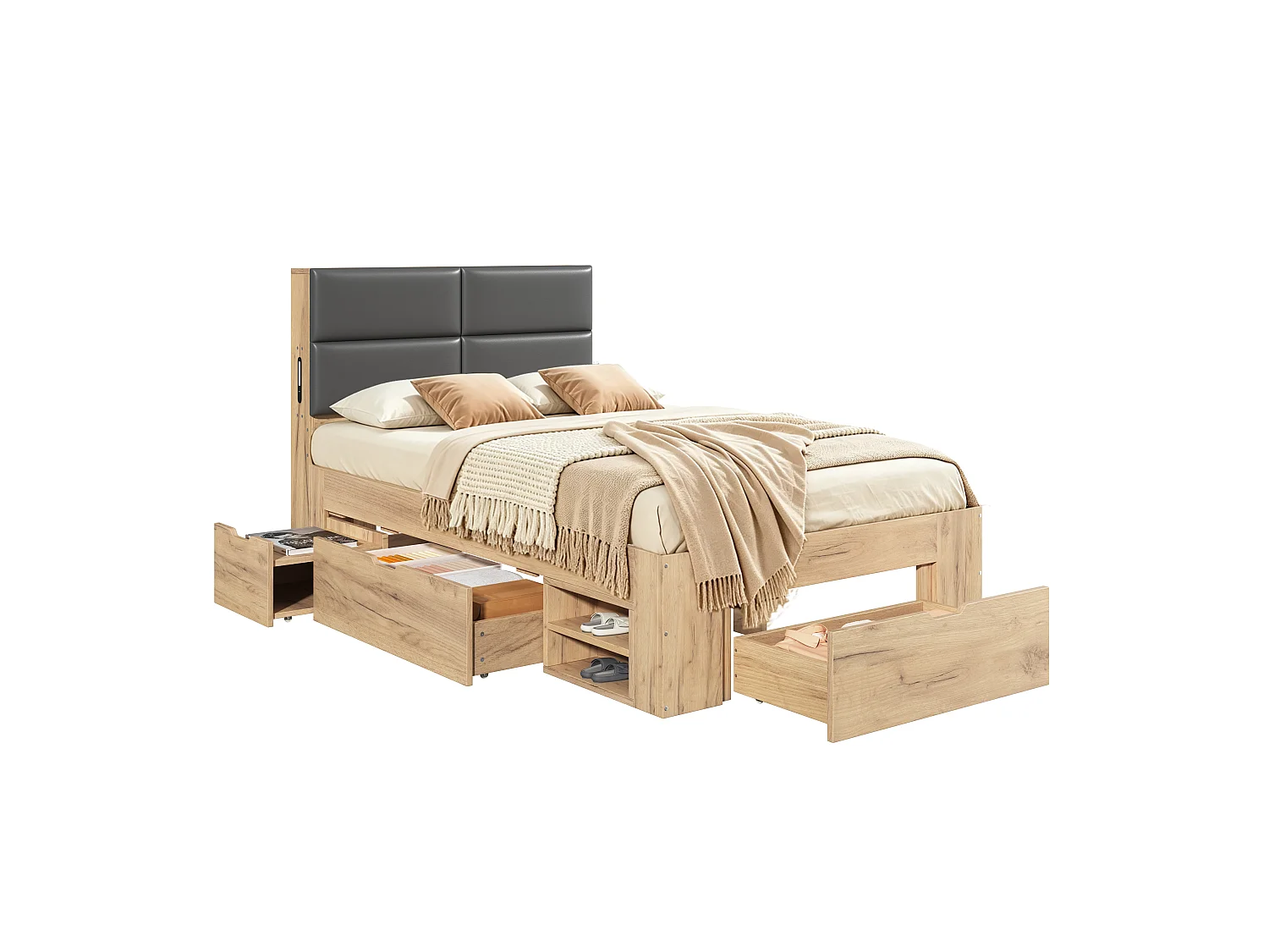 Single bed 90x200 cm with 3 drawers and open shelves - Night light and USB ports - Upholstered PU headboard - Natural (without mattress)