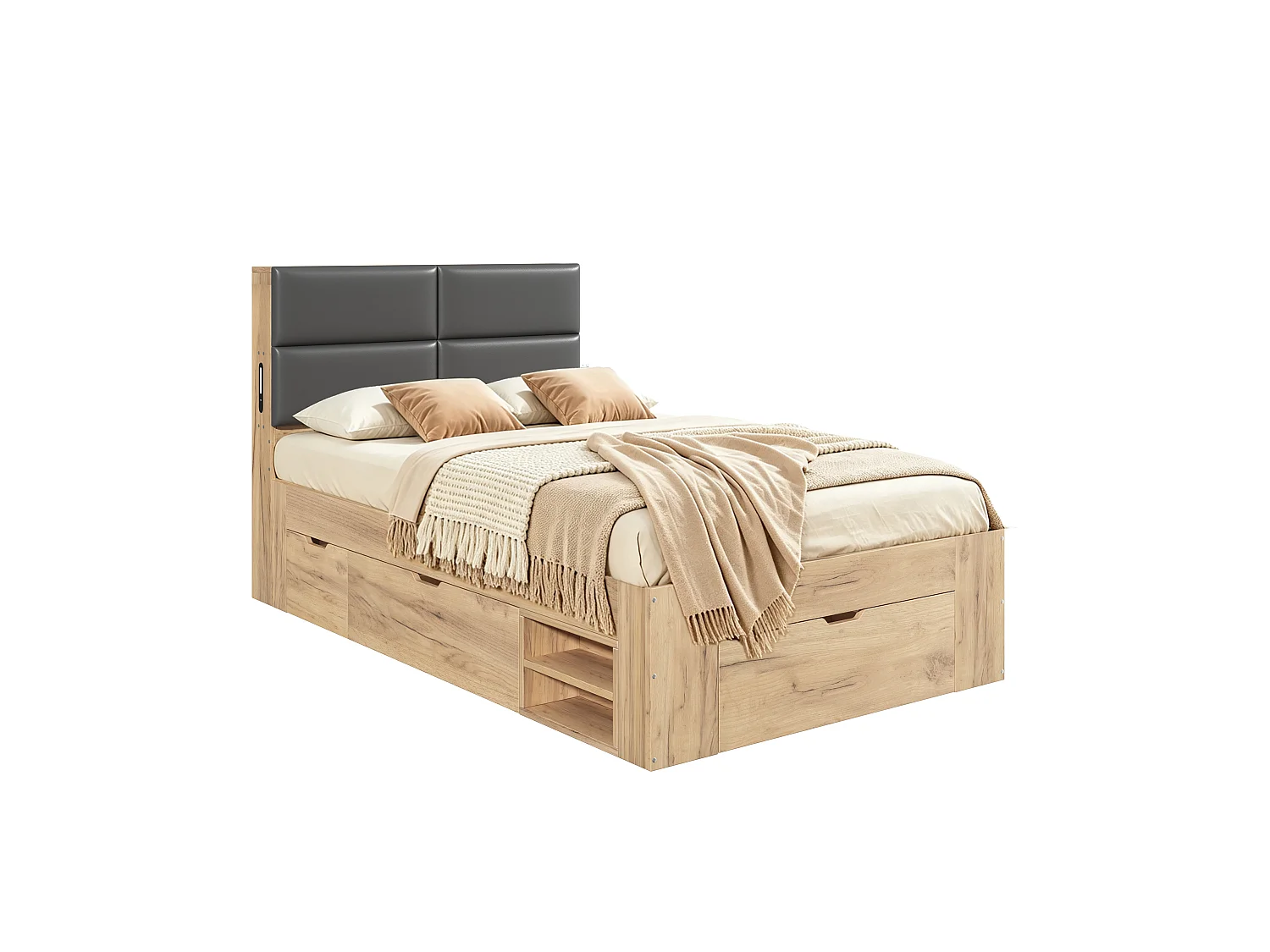 Single bed 90x200 cm with 3 drawers and open shelves - Night light and USB ports - Upholstered PU headboard - Natural (without mattress)