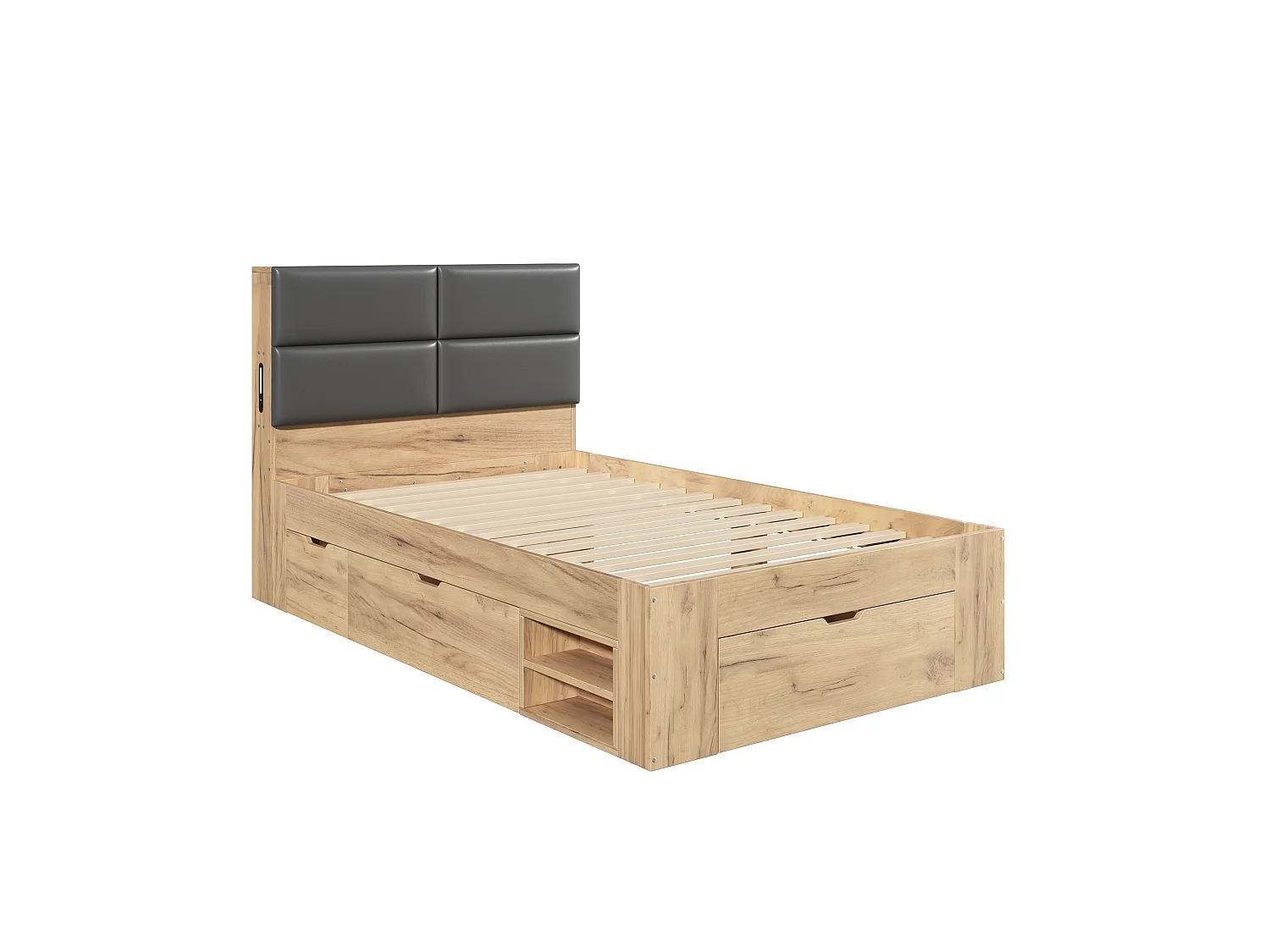 Single bed 90x200 cm with 3 drawers and open shelves - Night light and USB ports - Upholstered PU headboard - Natural (without mattress)