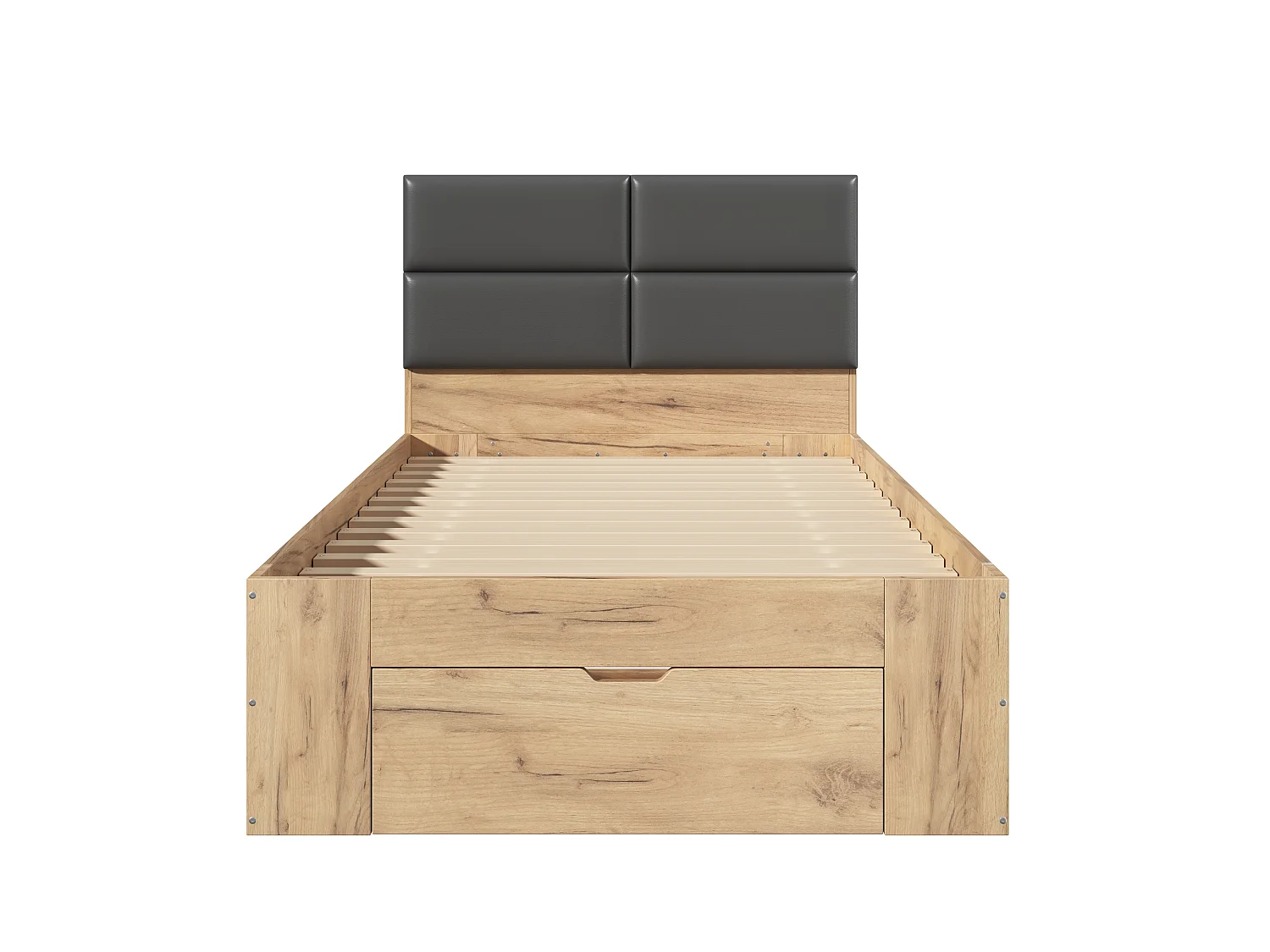 Single bed 90x200 cm with 3 drawers and open shelves - Night light and USB ports - Upholstered PU headboard - Natural (without mattress)