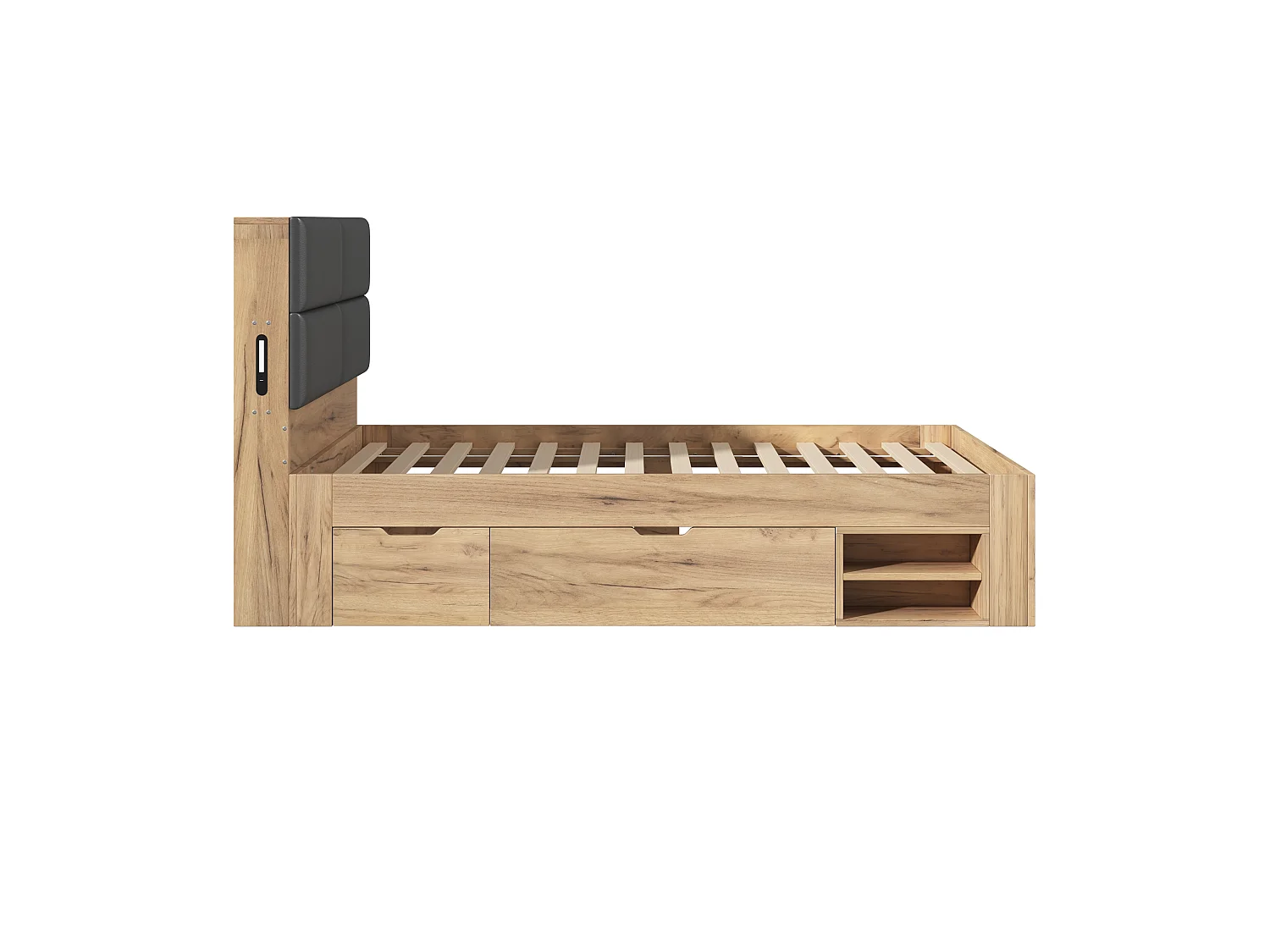 Single bed 90x200 cm with 3 drawers and open shelves - Night light and USB ports - Upholstered PU headboard - Natural (without mattress)