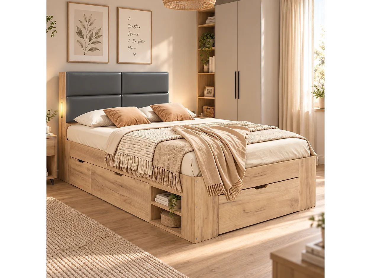 Single bed 90x200 cm with 3 drawers and open shelves - Night light and USB ports - Upholstered PU headboard - Natural (without mattress)