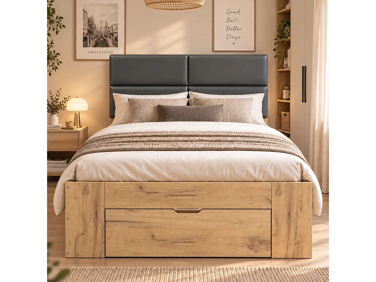Single bed 90x200 cm with 3 drawers and open shelves - Night light and USB ports - Upholstered PU headboard - Natural (without mattress)
