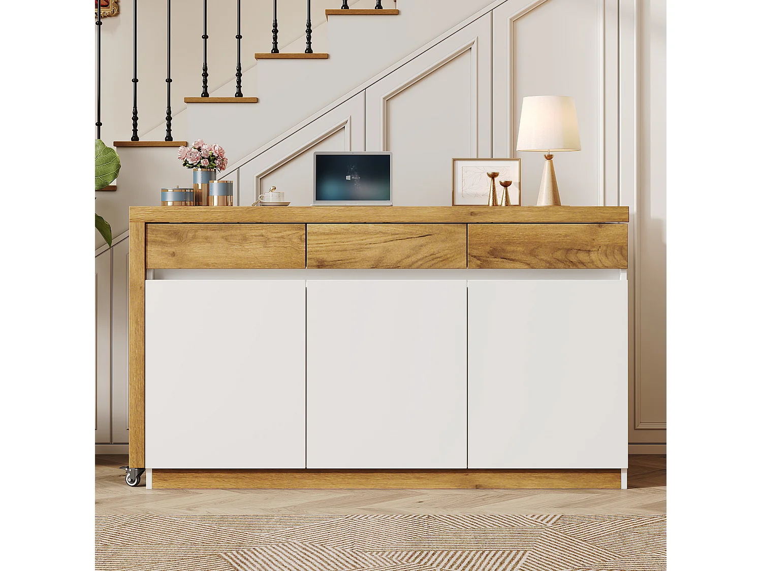 Bureau extensible avec roulettes - Plateau rotatif de 4 cm et dispositif de sécurité - 3 tiroirs et 3 portes - blanc+naturel