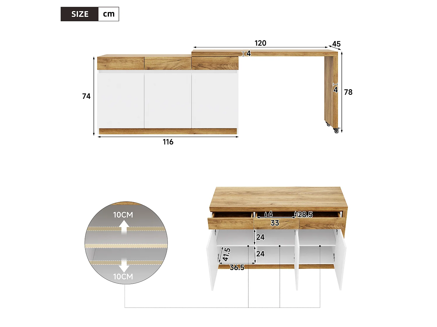 Bureau extensible avec roulettes - Plateau rotatif de 4 cm et dispositif de sécurité - 3 tiroirs et 3 portes - blanc+naturel