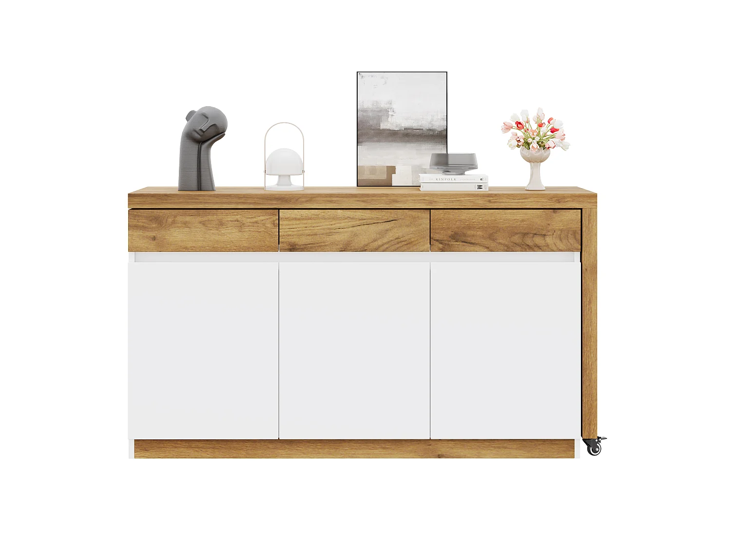 Bureau extensible avec roulettes - Plateau rotatif de 4 cm et dispositif de sécurité - 3 tiroirs et 3 portes - blanc+naturel