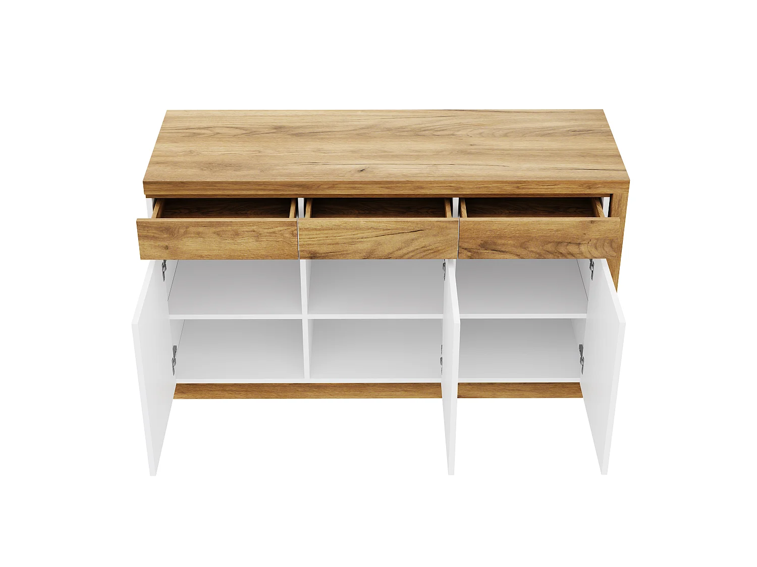 Bureau extensible avec roulettes - Plateau rotatif de 4 cm et dispositif de sécurité - 3 tiroirs et 3 portes - blanc+naturel