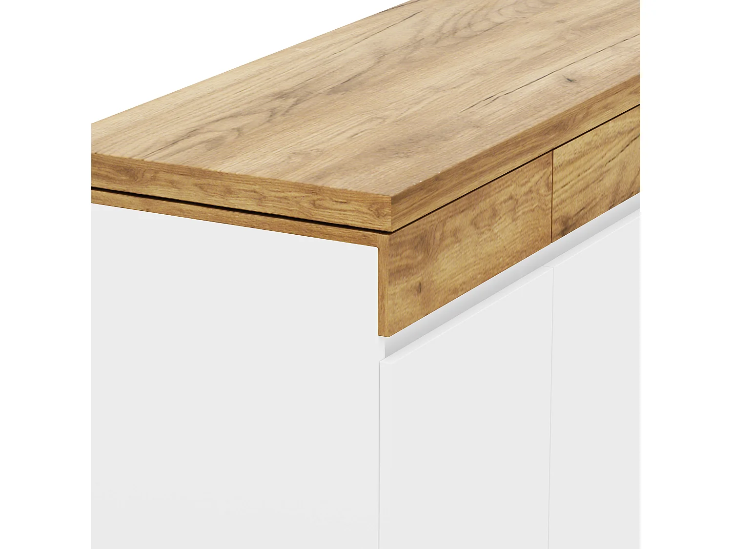 Bureau extensible avec roulettes - Plateau rotatif de 4 cm et dispositif de sécurité - 3 tiroirs et 3 portes - blanc+naturel